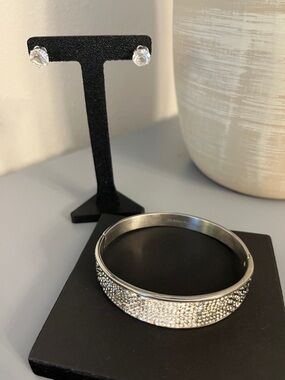 Silver Crystal Pavé Bangle and Stud Earring Set